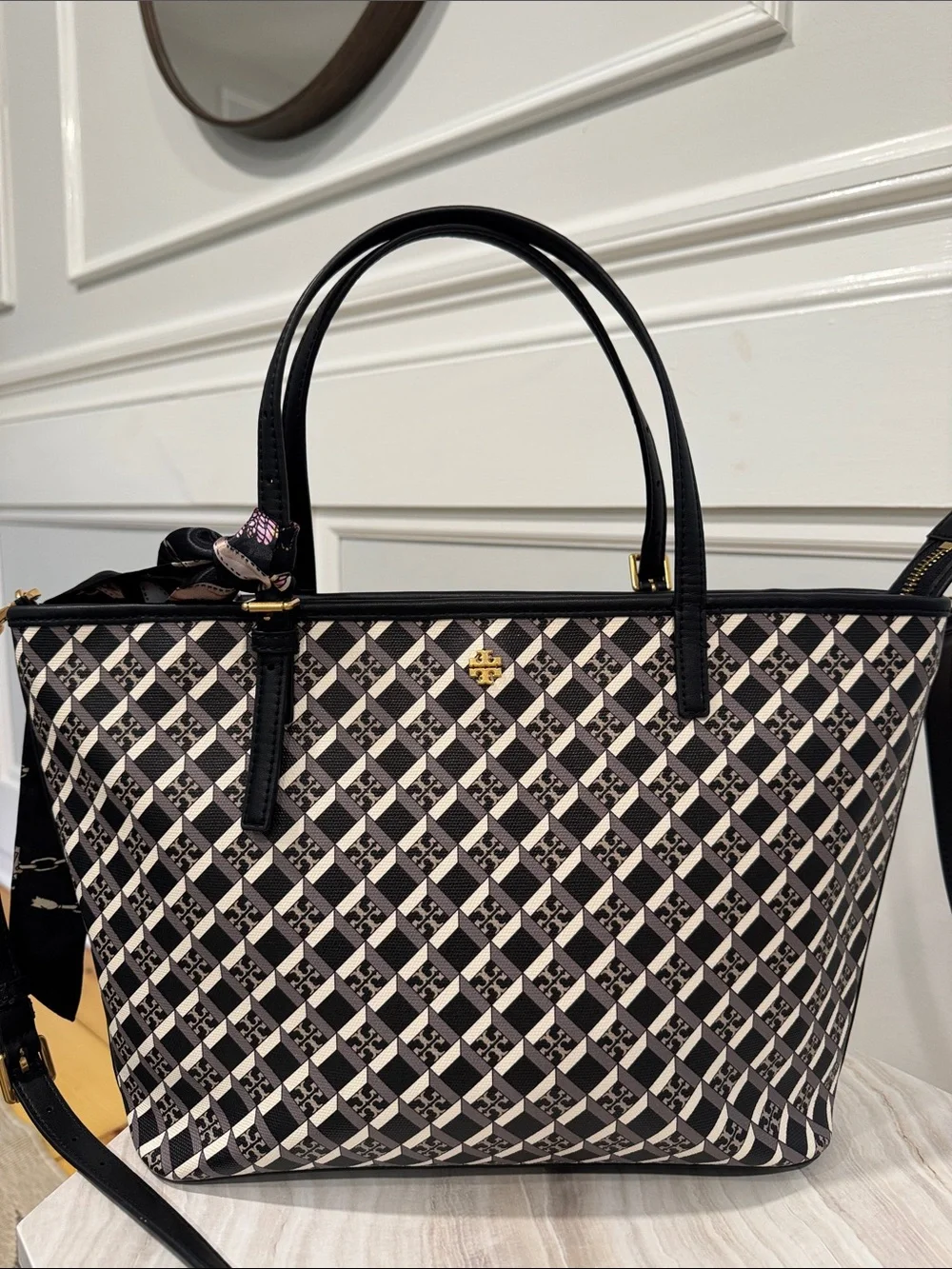 Tory Burch Bag Geo Logo Black & White Print Leather Tote Bag Satchel Crossbody